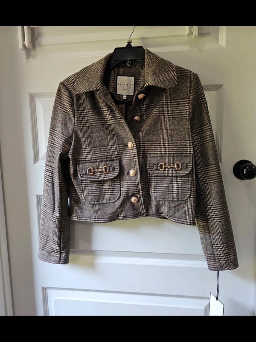 bagatelle Brown Plaid Cropped Blazer with Gold Buttons